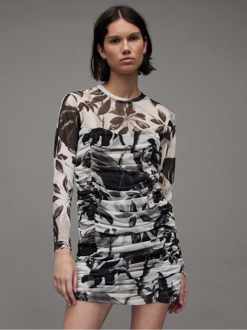 AllSaints Giorgia Black & White Floral Ruched Mesh Mini Dress